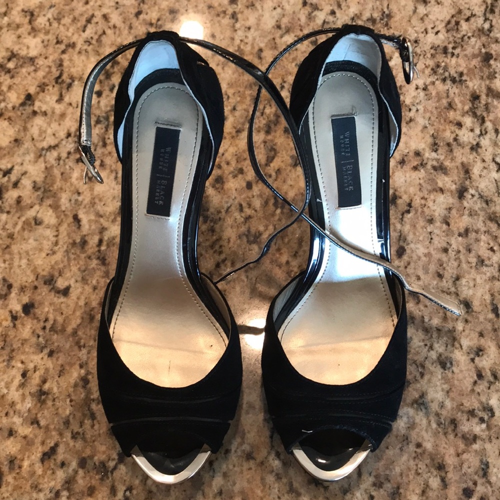 WHBM Black and Gold Ankle Strap Heels